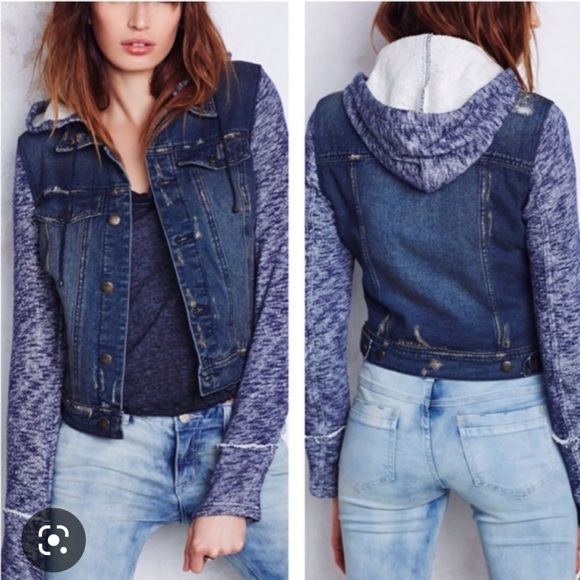 Free People Denim Knit Hoodie Jacket Size L • Boho Layered